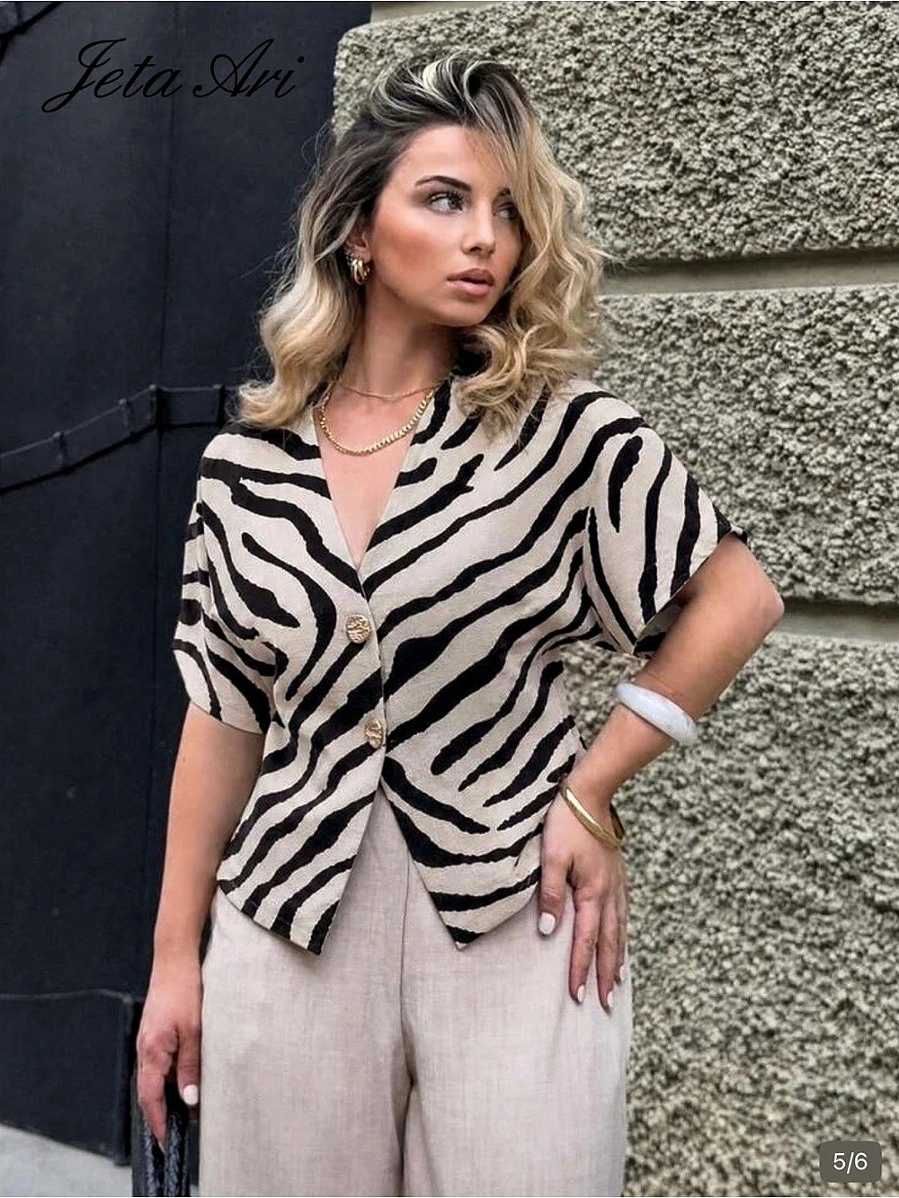 Jeta Ari Elegant Batwing Sleeve Double-Breasted Zebra Print Minimalist Shirt